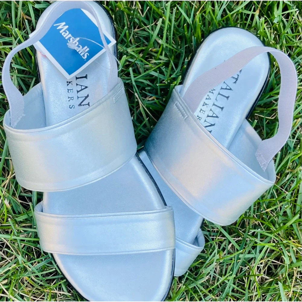NWT Women Sz-6.5 ITALIAN SHOEMAKERS- Silver Flats Open Toe & Elastic Heal Straps